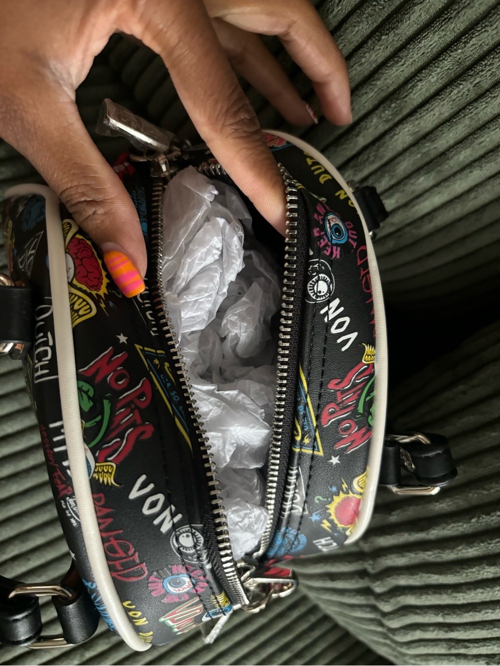 Black Graphic Crossbody Bag with Colorful Print
